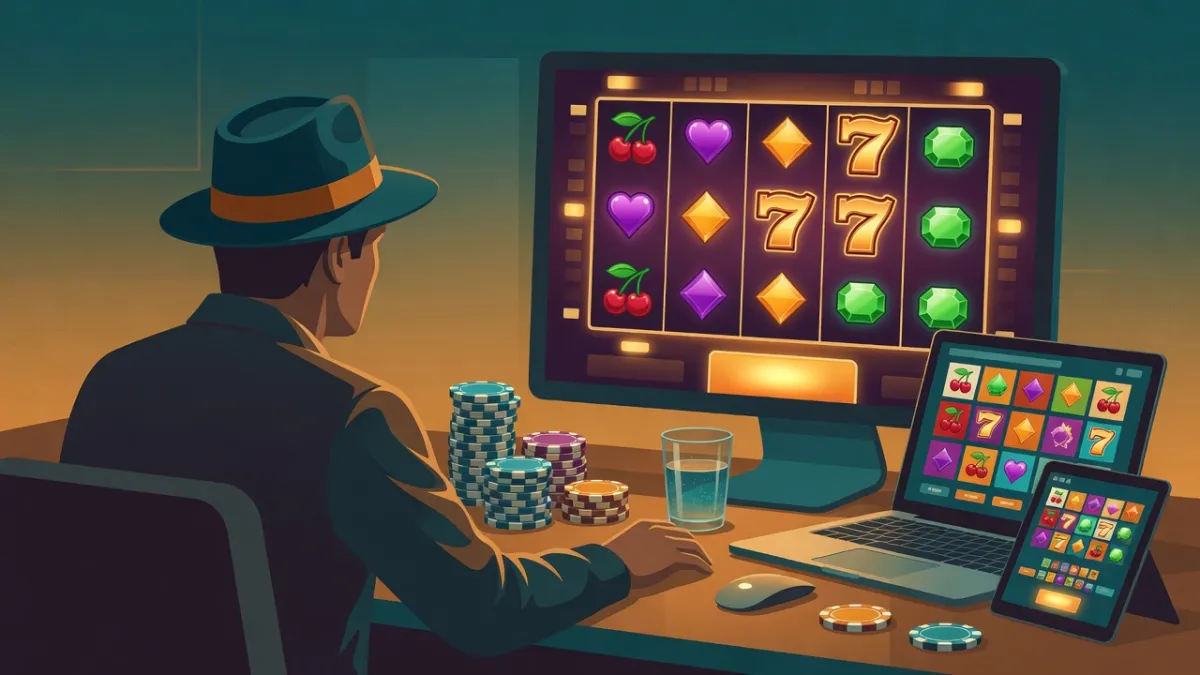 Gracz przy komputerze, tablecie i smartfonie z automatem do gry na ekranie — ilustracja do bonusu powitalnego Betwest Casino